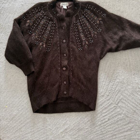 𝅺Vintage Super Soft Angora Cardigan Medium Fluffy Brown Womens Beaded Sweater - Picture 4 of 11